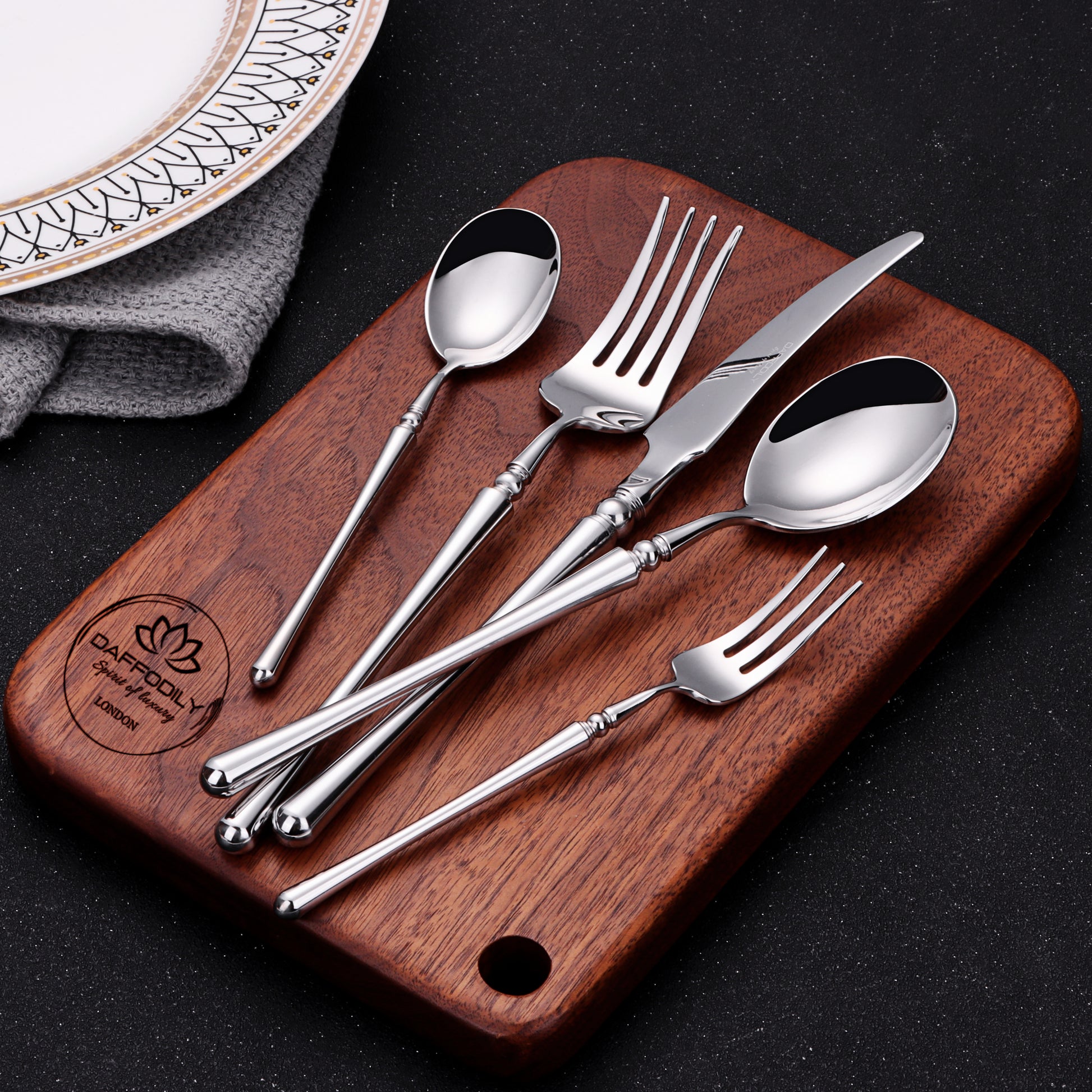 Talin luxury cutlery set with 304 stainless steel silver finish on wooden board